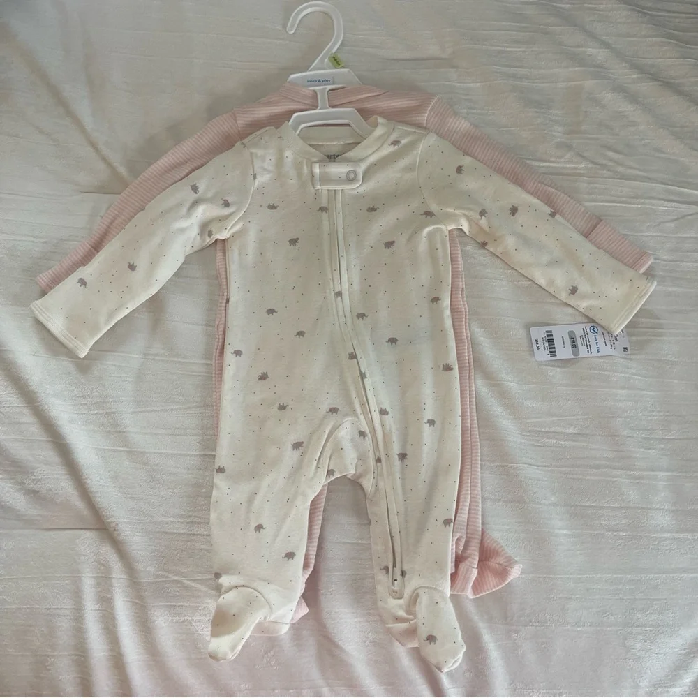 2 Carters baby girls onesies 3 months footies zip sleeper PJ NEW with tags pink